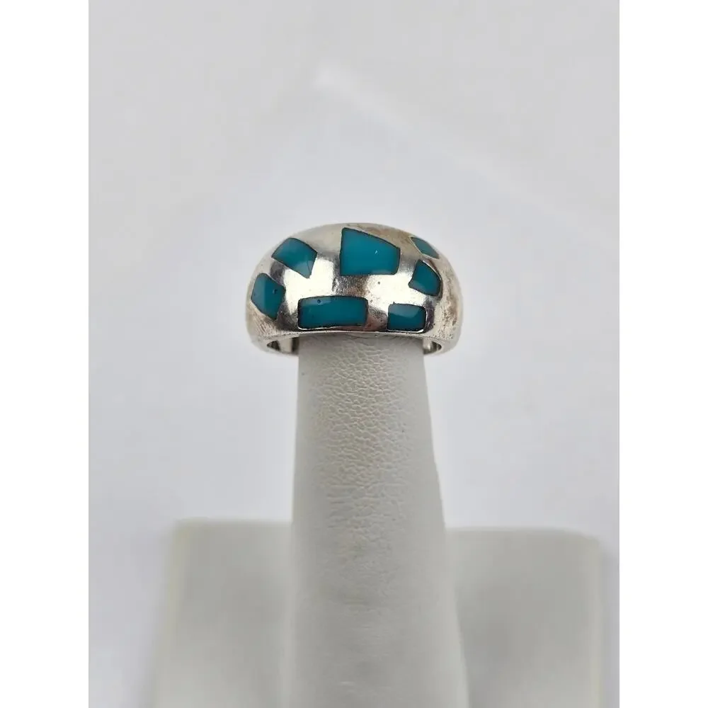 Vintage Sterling silver Band ring with Mosaic inlay Turquoise Size 7.25